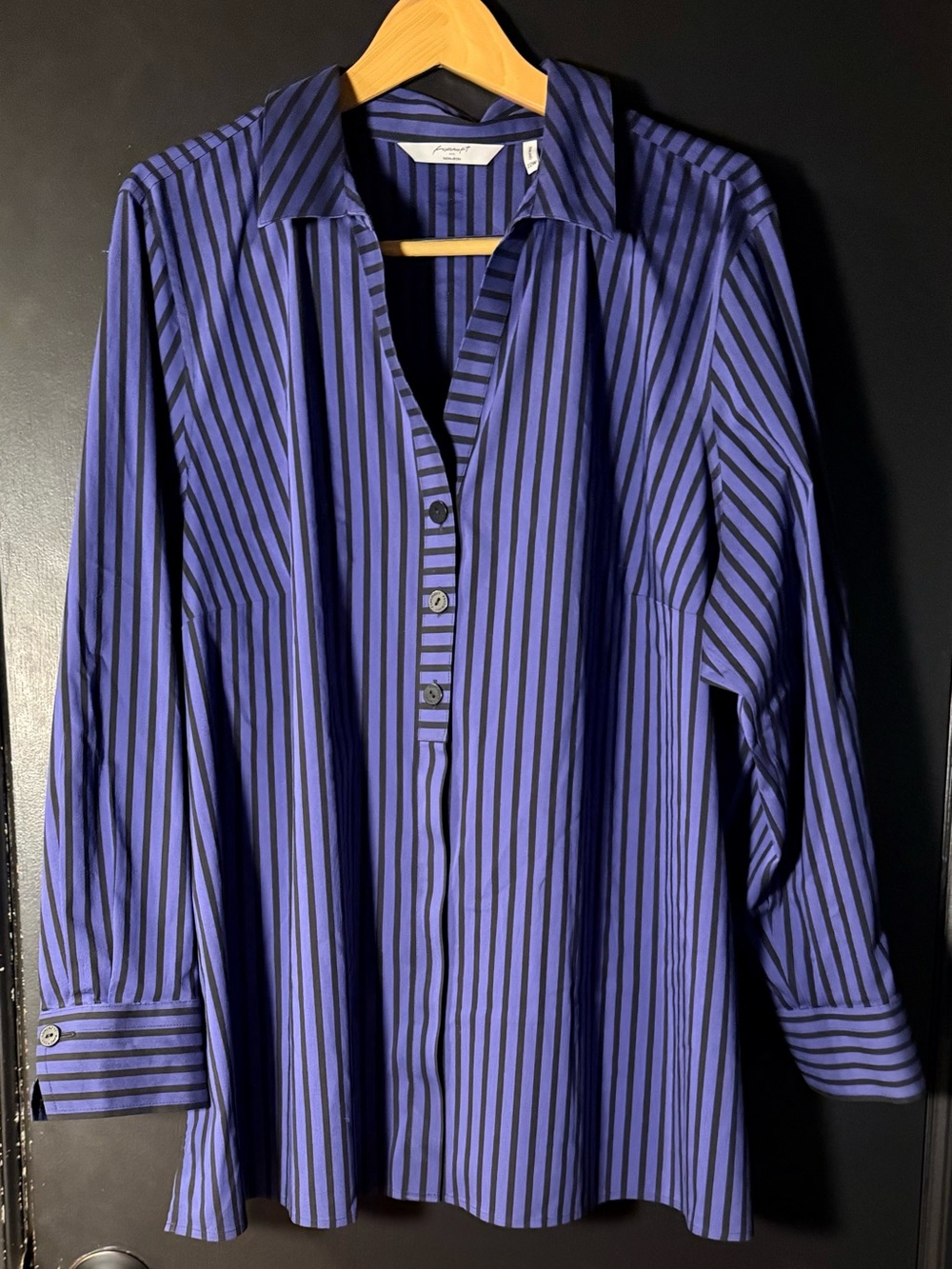 Foxcroft 22W Purple Black Stripe Non-Iron Longline Tunic Shirt Plus Size